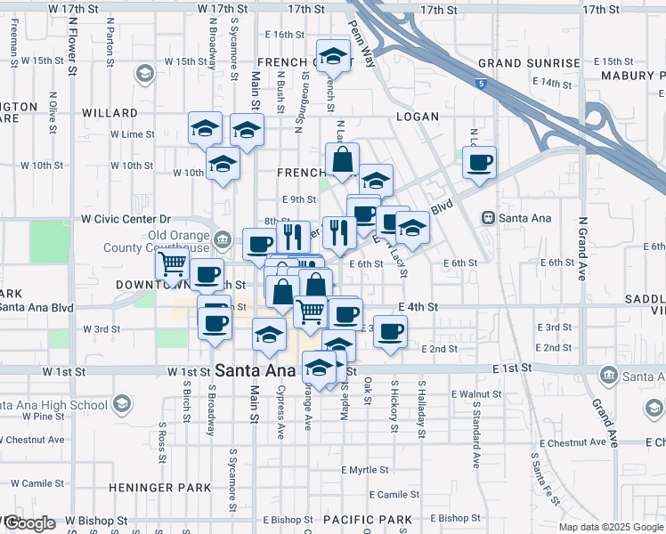 map of restaurants, bars, coffee shops, grocery stores, and more near 401 East Santa Ana Boulevard in Santa Ana