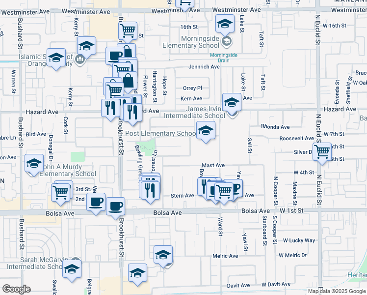 map of restaurants, bars, coffee shops, grocery stores, and more near 10312 Wembley Circle in Westminster