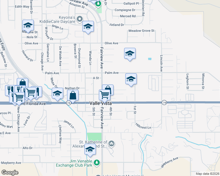 map of restaurants, bars, coffee shops, grocery stores, and more near 44075 B Street in Hemet