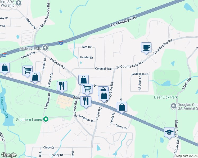 map of restaurants, bars, coffee shops, grocery stores, and more near 3661 Collins Drive in Douglasville