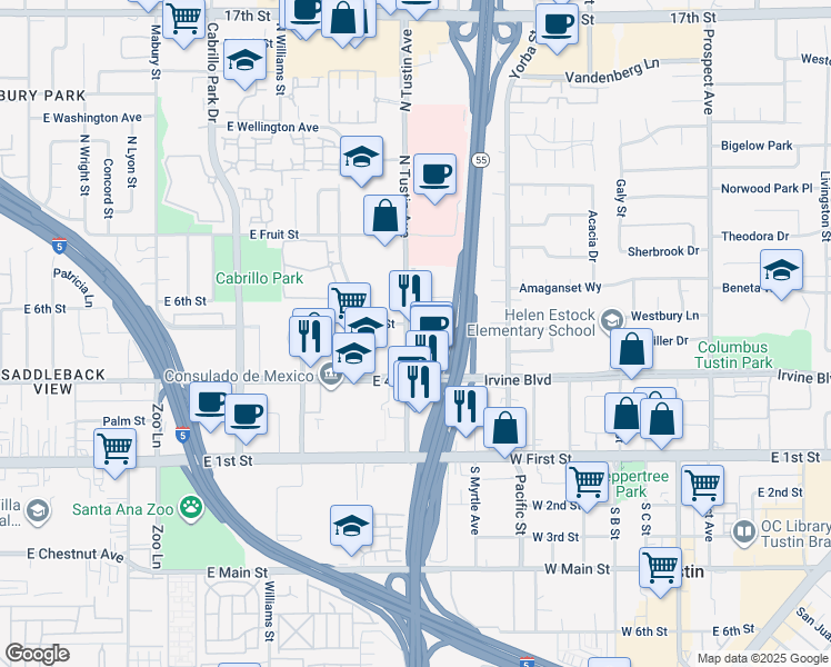 map of restaurants, bars, coffee shops, grocery stores, and more near 545 North Tustin Avenue in Santa Ana