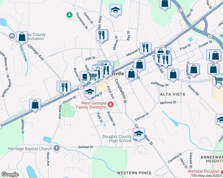 map of restaurants, bars, coffee shops, grocery stores, and more near 8463 Campbellton Street in Douglasville