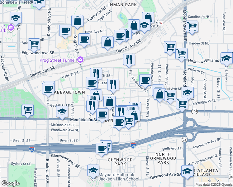 map of restaurants, bars, coffee shops, grocery stores, and more near 871 Kirkwood Avenue Southeast in Atlanta