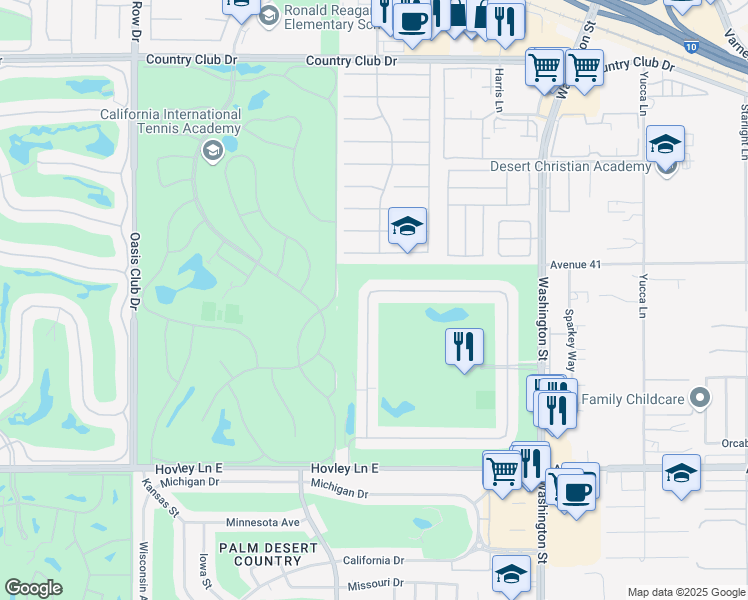 map of restaurants, bars, coffee shops, grocery stores, and more near 41125 Woodhaven Drive North in Palm Desert