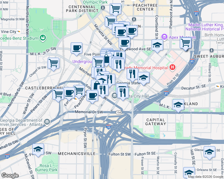map of restaurants, bars, coffee shops, grocery stores, and more near Central Ave SW & Mitchell St SW in Atlanta