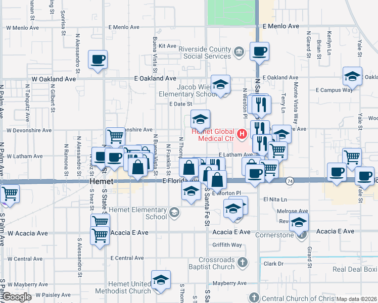 map of restaurants, bars, coffee shops, grocery stores, and more near 750 East Latham Avenue in Hemet