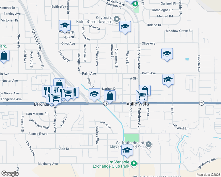 map of restaurants, bars, coffee shops, grocery stores, and more near 25595 8th Street in Hemet