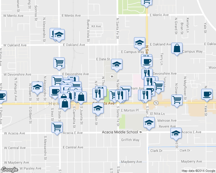 map of restaurants, bars, coffee shops, grocery stores, and more near 750 East Latham Avenue in Hemet