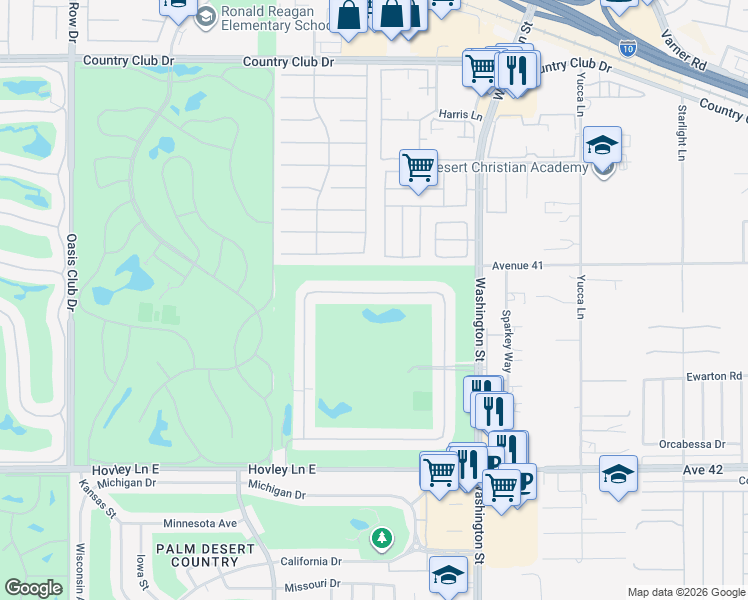 map of restaurants, bars, coffee shops, grocery stores, and more near 77741 Woodhaven Drive North in Palm Desert