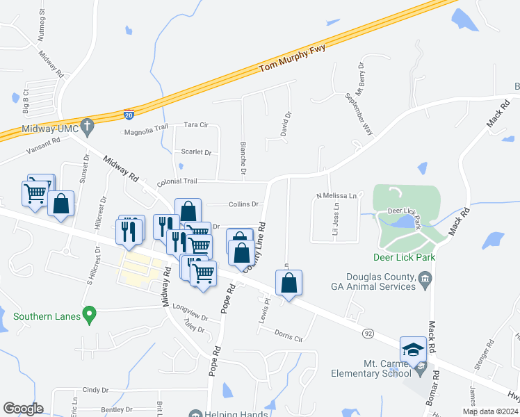 map of restaurants, bars, coffee shops, grocery stores, and more near 3603 Collins Drive in Douglasville