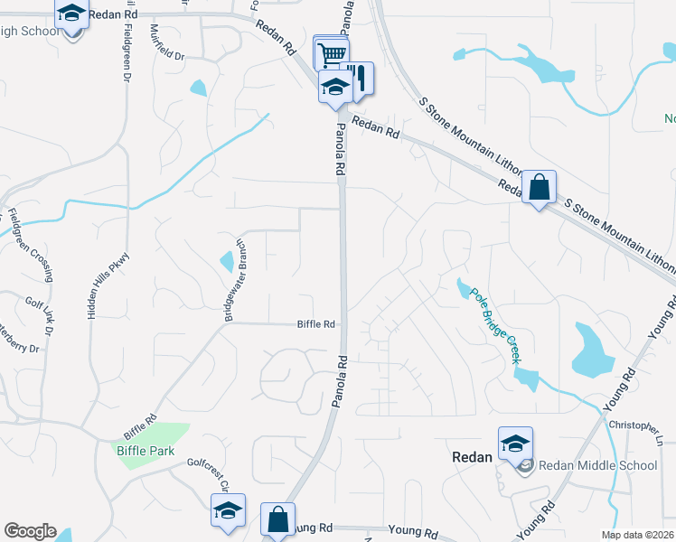 map of restaurants, bars, coffee shops, grocery stores, and more near 1442 Panola Road in Stone Mountain