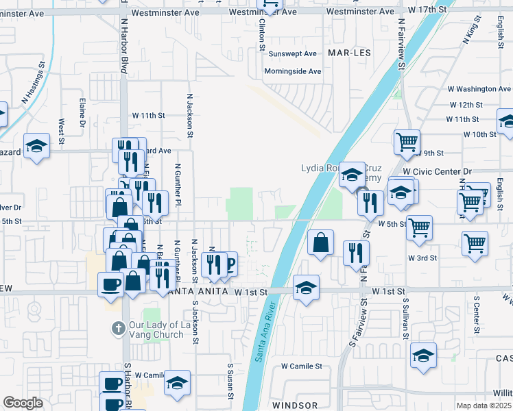 map of restaurants, bars, coffee shops, grocery stores, and more near in Santa Ana