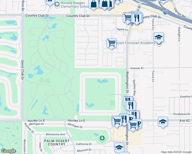 map of restaurants, bars, coffee shops, grocery stores, and more near 77689 Woodhaven Drive North in Palm Desert