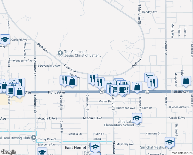 map of restaurants, bars, coffee shops, grocery stores, and more near 3421 Park Avenue in Hemet