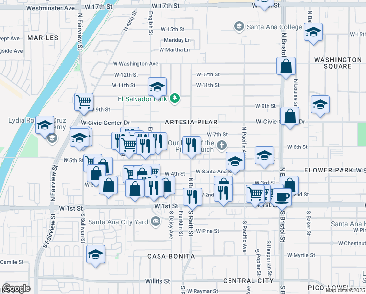 map of restaurants, bars, coffee shops, grocery stores, and more near 523 Fairlawn Avenue in Santa Ana