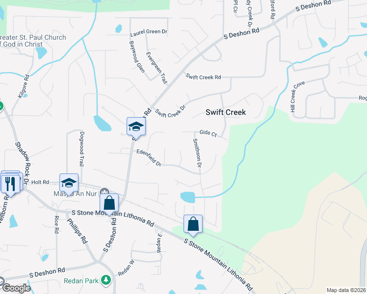 map of restaurants, bars, coffee shops, grocery stores, and more near 1430 Gossett Court in Lithonia