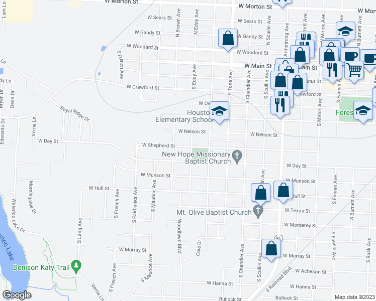 map of restaurants, bars, coffee shops, grocery stores, and more near 703 South Eddy Avenue in Denison