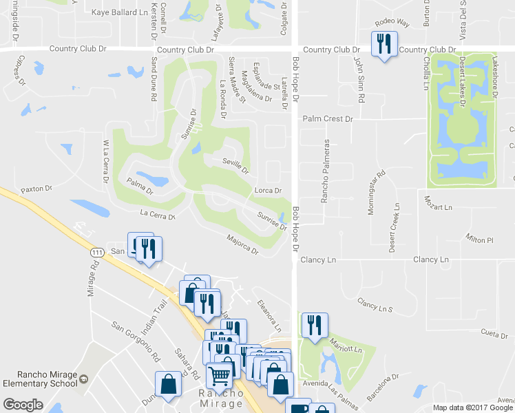 map of restaurants, bars, coffee shops, grocery stores, and more near 81 Sunrise Drive in Rancho Mirage