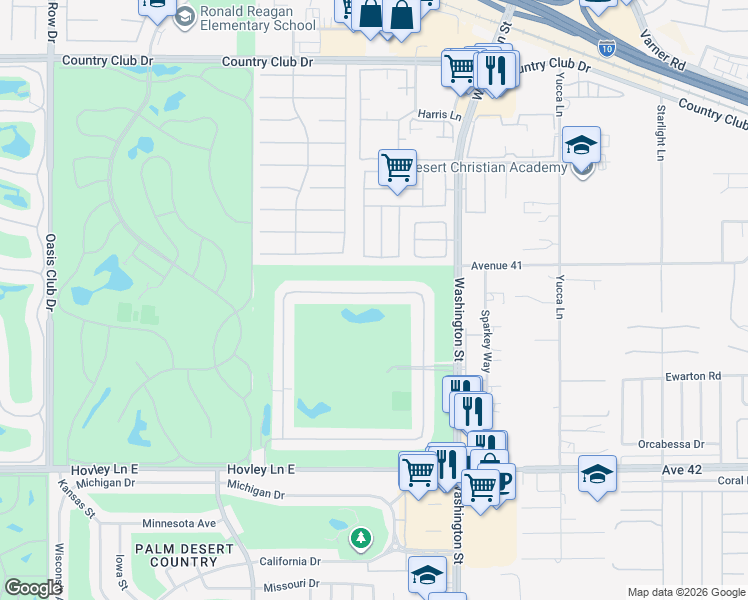 map of restaurants, bars, coffee shops, grocery stores, and more near 77820 Woodhaven Drive North in Palm Desert