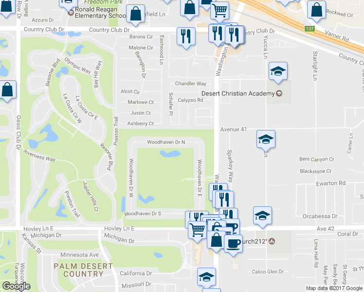 map of restaurants, bars, coffee shops, grocery stores, and more near 77823 Woodhaven Drive North in Palm Desert
