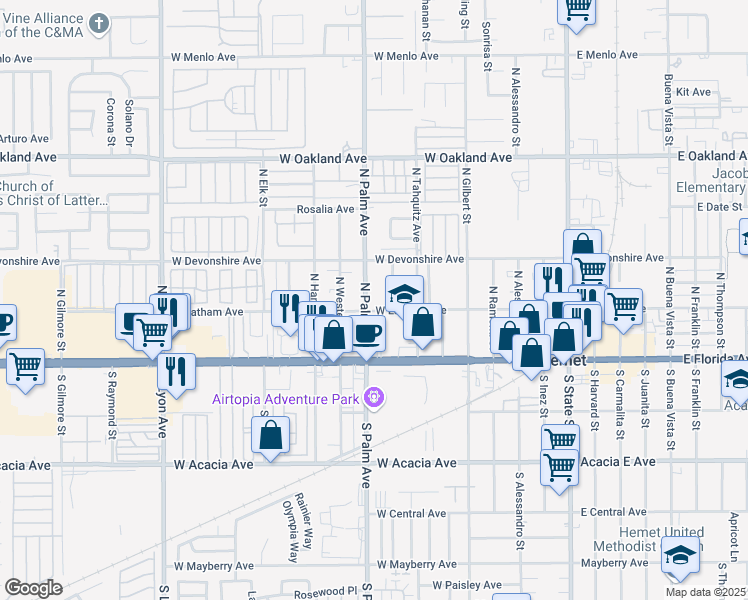 map of restaurants, bars, coffee shops, grocery stores, and more near 216 North Palm Avenue in Hemet