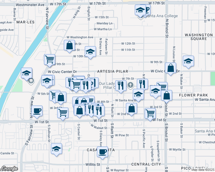 map of restaurants, bars, coffee shops, grocery stores, and more near 523 Fairlawn Avenue in Santa Ana