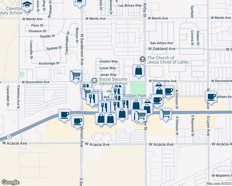 map of restaurants, bars, coffee shops, grocery stores, and more near 2867 Cindy Lane in Hemet