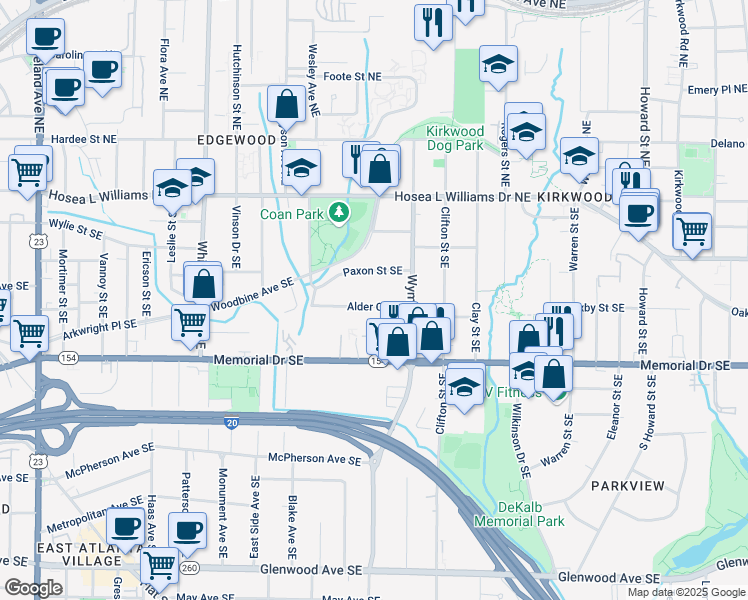 map of restaurants, bars, coffee shops, grocery stores, and more near 1612 Alder Court Southeast in Atlanta