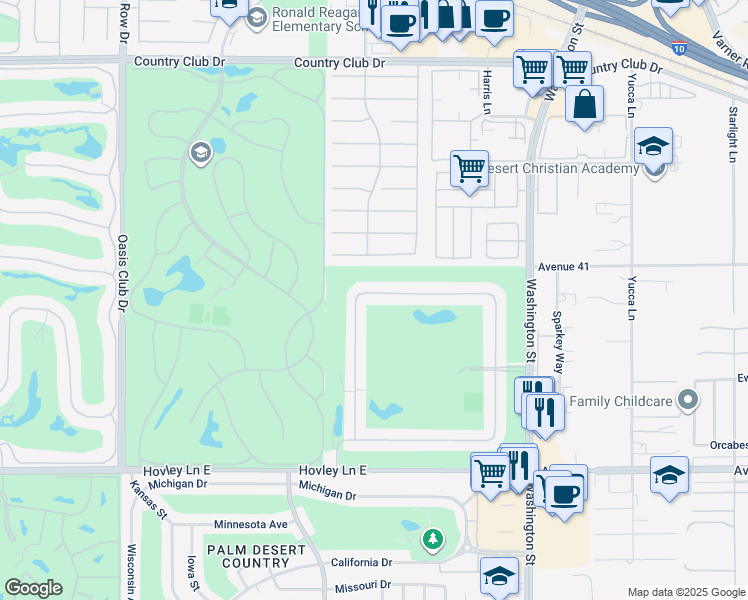 map of restaurants, bars, coffee shops, grocery stores, and more near 77640 Woodhaven Drive North in Palm Desert