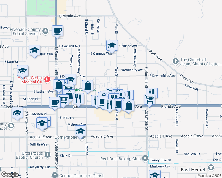 map of restaurants, bars, coffee shops, grocery stores, and more near 231 North Yale Street in Hemet