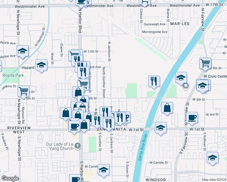 map of restaurants, bars, coffee shops, grocery stores, and more near 3406 West 7th Street in Santa Ana