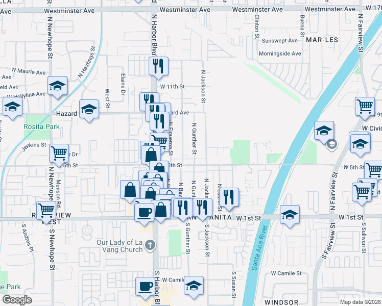 map of restaurants, bars, coffee shops, grocery stores, and more near 609 North Gunther Place in Santa Ana