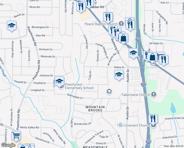 map of restaurants, bars, coffee shops, grocery stores, and more near 1470 Tulip Place in Decatur
