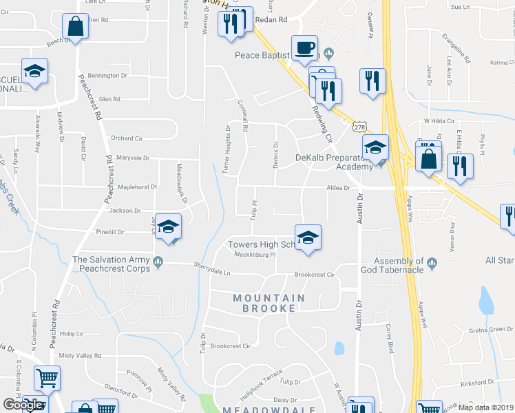 map of restaurants, bars, coffee shops, grocery stores, and more near 1462 Tulip Place in Decatur