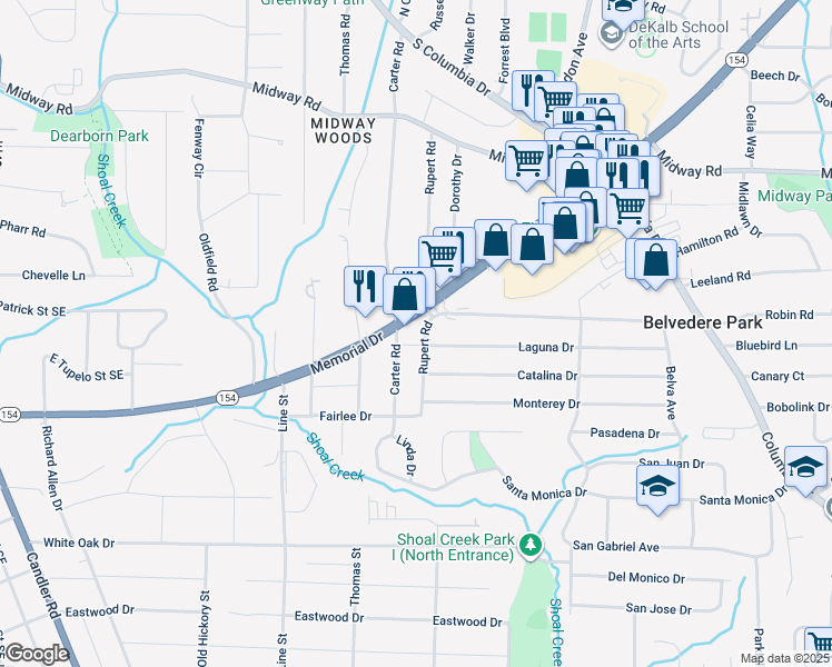 map of restaurants, bars, coffee shops, grocery stores, and more near 2825 Belvedere Lane in Decatur