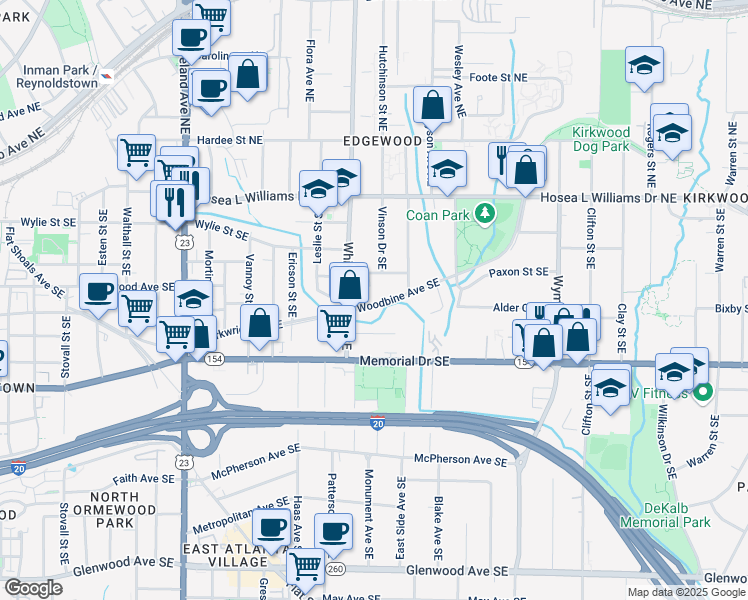map of restaurants, bars, coffee shops, grocery stores, and more near 1432 Woodbine Avenue Southeast in Atlanta