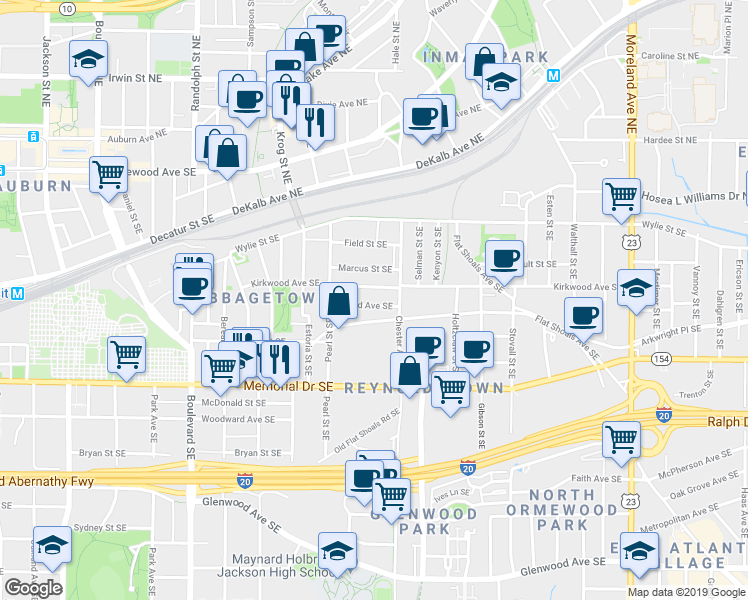 map of restaurants, bars, coffee shops, grocery stores, and more near 835 Kirkwood Avenue Southeast in Atlanta