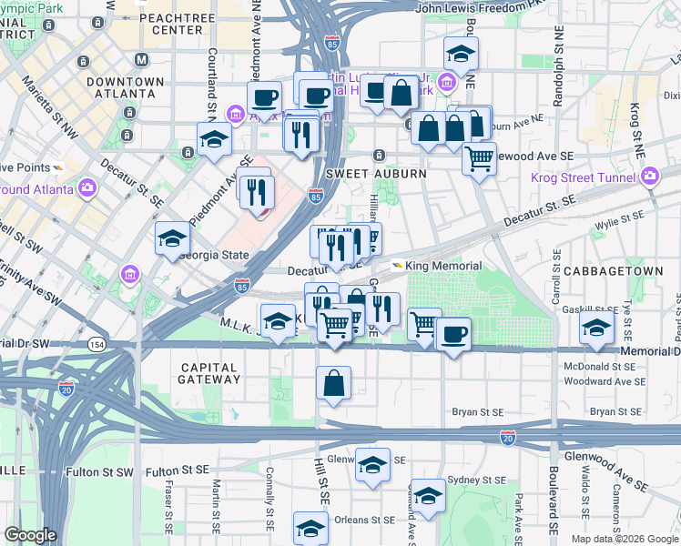 map of restaurants, bars, coffee shops, grocery stores, and more near 349 Decatur Street Southeast in Atlanta