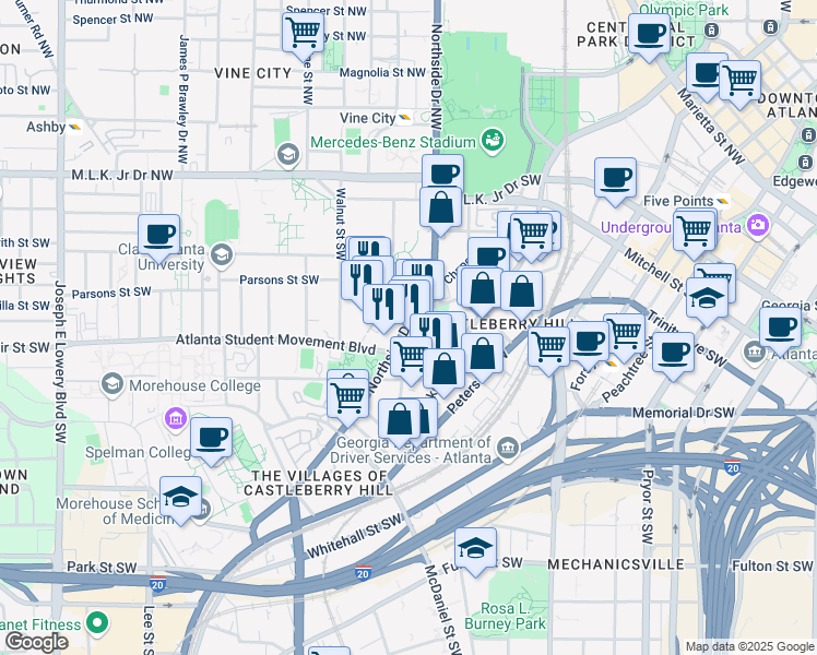 map of restaurants, bars, coffee shops, grocery stores, and more near 180 Northside Drive Southwest in Atlanta