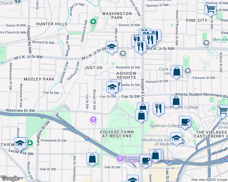 map of restaurants, bars, coffee shops, grocery stores, and more near 1027 Ashby Grove Southwest in Atlanta