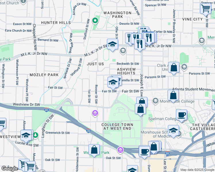 map of restaurants, bars, coffee shops, grocery stores, and more near 1077 Ashby Grove Southwest in Atlanta