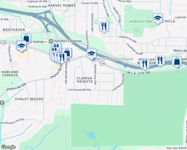 map of restaurants, bars, coffee shops, grocery stores, and more near 219 Barfield Avenue Southwest in Atlanta