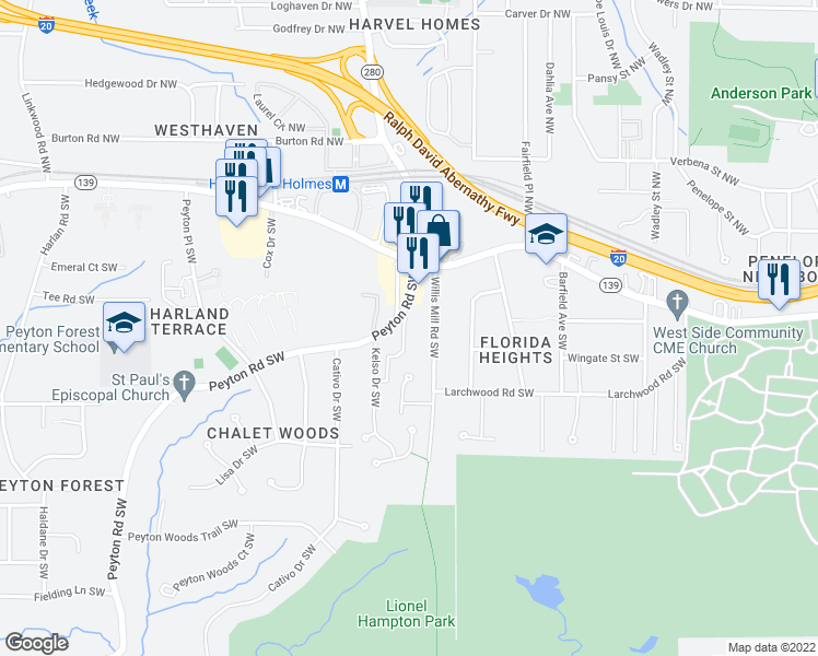 map of restaurants, bars, coffee shops, grocery stores, and more near 34 Kelso at Peyton Drive Southwest in Atlanta