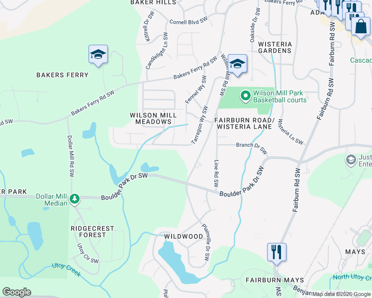 map of restaurants, bars, coffee shops, grocery stores, and more near 464 Tarragon Way Southwest in Atlanta