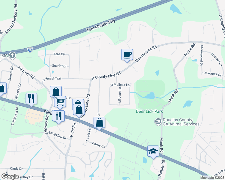 map of restaurants, bars, coffee shops, grocery stores, and more near 3505 West Melissa Lane in Douglasville