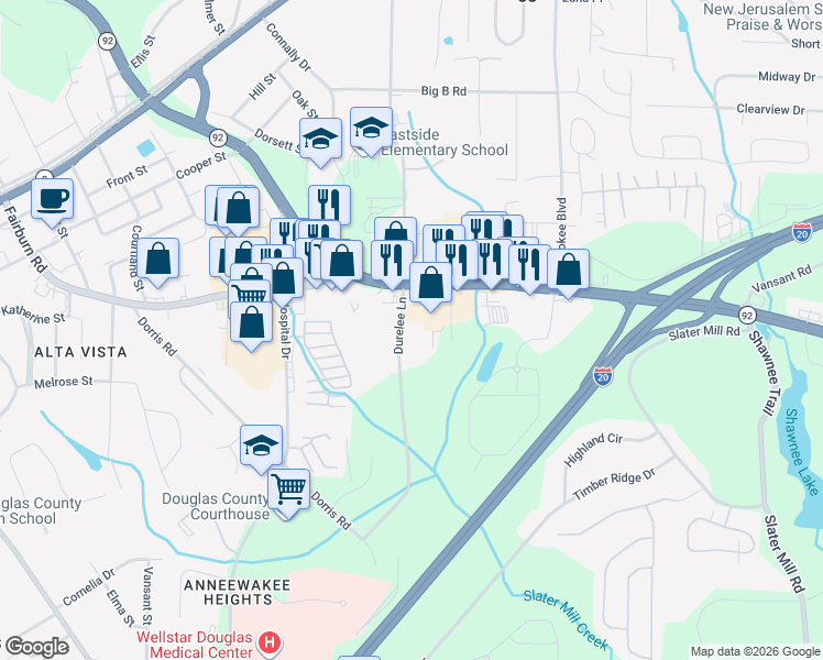 map of restaurants, bars, coffee shops, grocery stores, and more near 5834 Fairburn Road in Douglasville