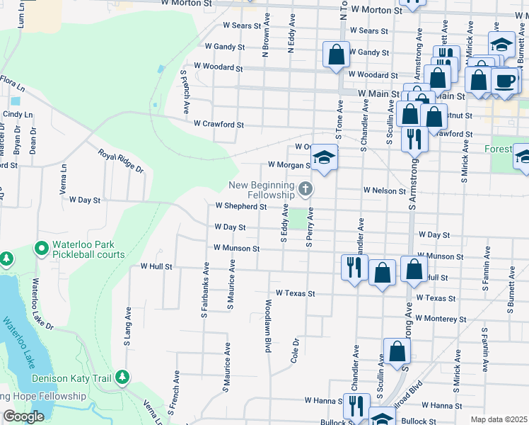 map of restaurants, bars, coffee shops, grocery stores, and more near 1319 West Shepherd Street in Denison