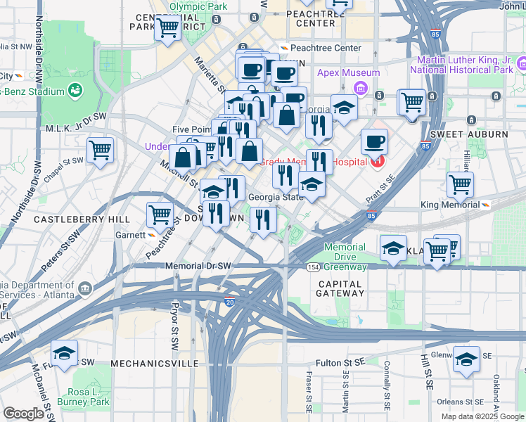 map of restaurants, bars, coffee shops, grocery stores, and more near 201 Washington Street Southwest in Atlanta