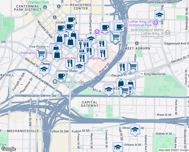 map of restaurants, bars, coffee shops, grocery stores, and more near 215 Decatur Street Southeast in Atlanta