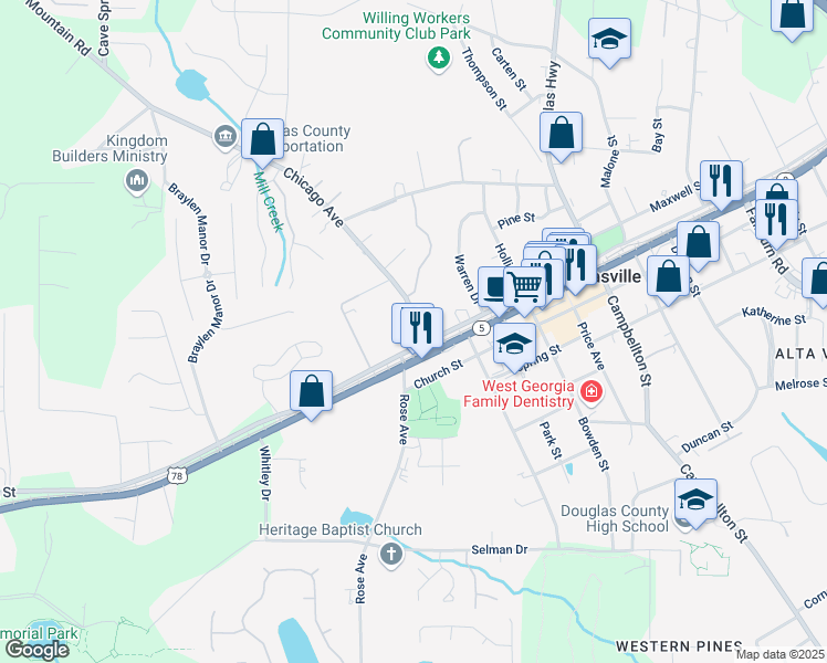 map of restaurants, bars, coffee shops, grocery stores, and more near 8479 Chicago Avenue in Douglasville